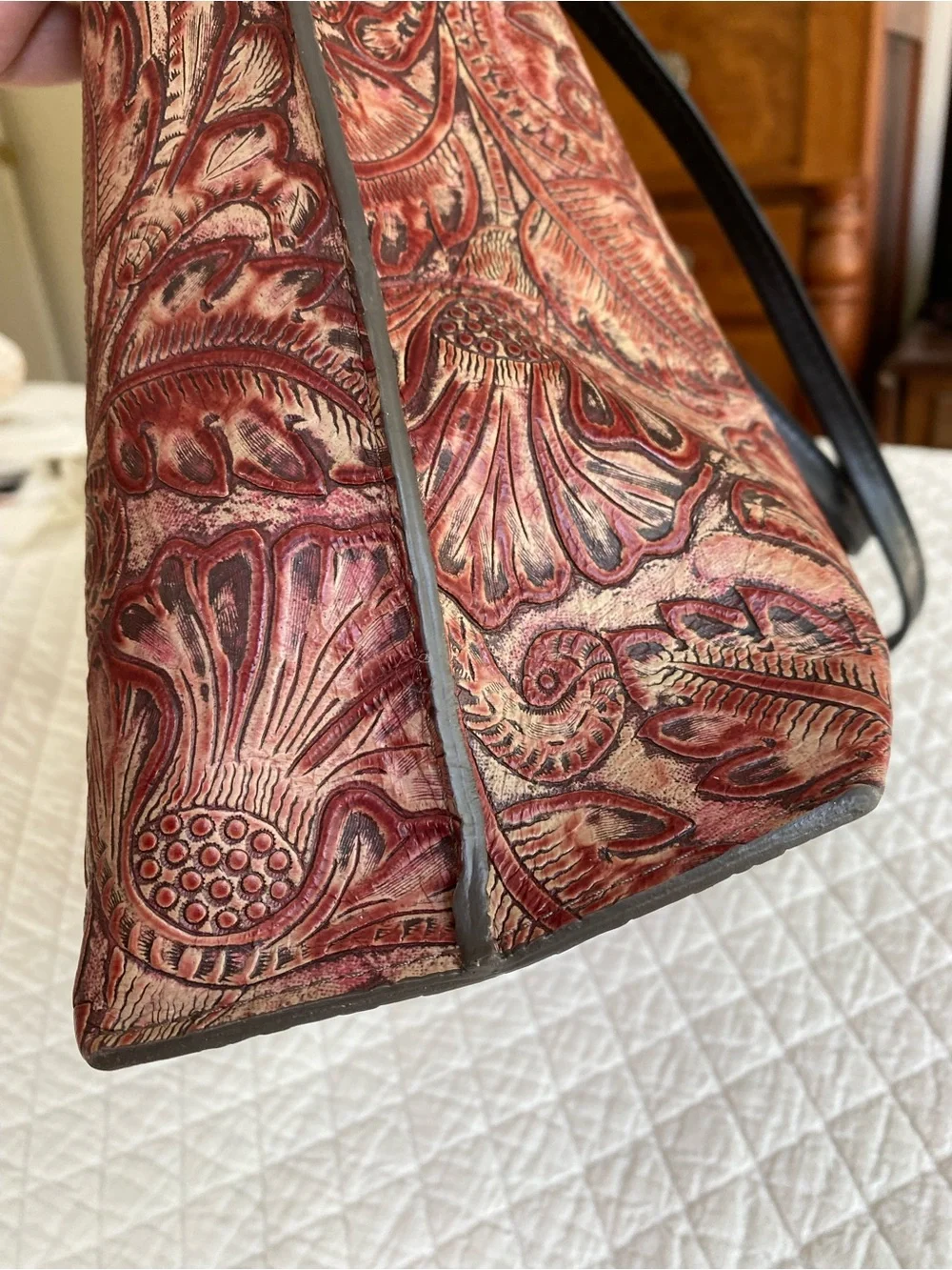 B May Western Floral Embossed Tooled Leather Tote Bag Maroon Oxblood Boho Rustic